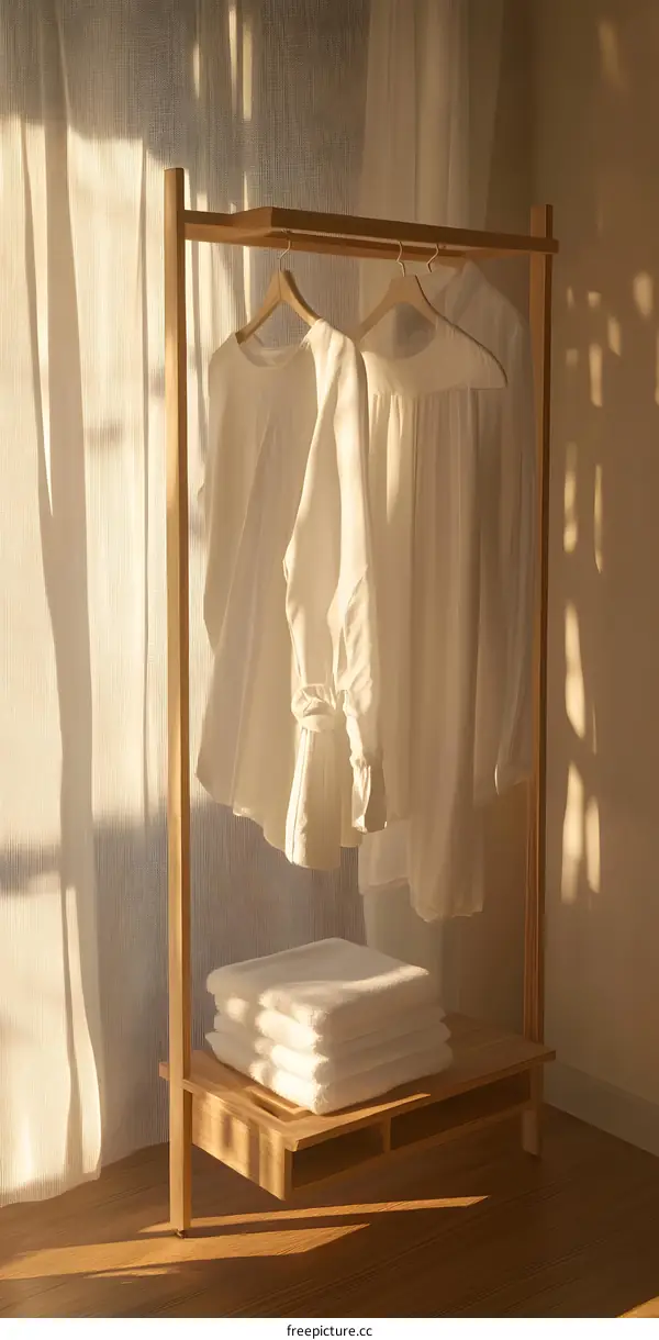 Minimalist Wooden Clothing Rack with White Towels in a Sunny Room