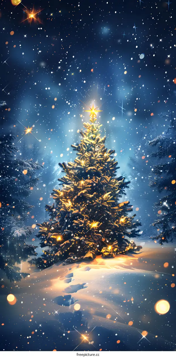 Christmas tree shining in the snow