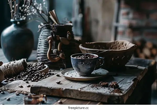 Vintage Coffee Beans And Mug On Wooden Table Still Life Photography