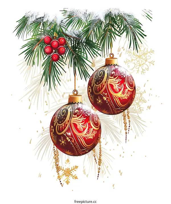 Christmas Ornaments Hanging on Pine Branch