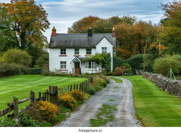 A traditional stone cottage nestled in a colorful autumn landscape