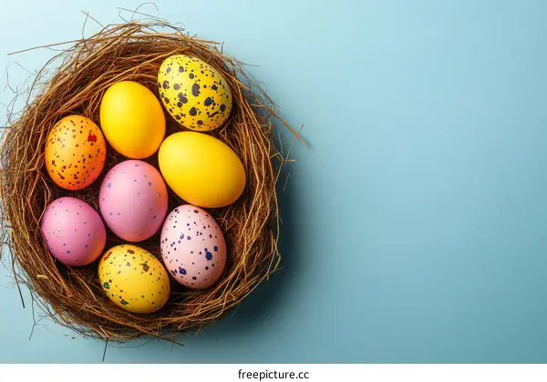 Easter Eggs in a Nest on a Light Blue Background