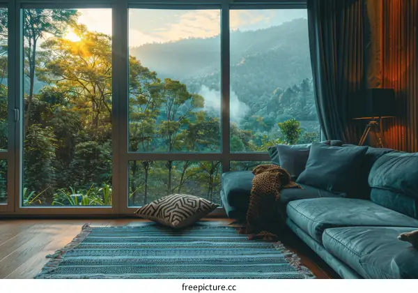 Modern Living Room Interior with Large Windows Overlooking Majestic Mountain Landscape