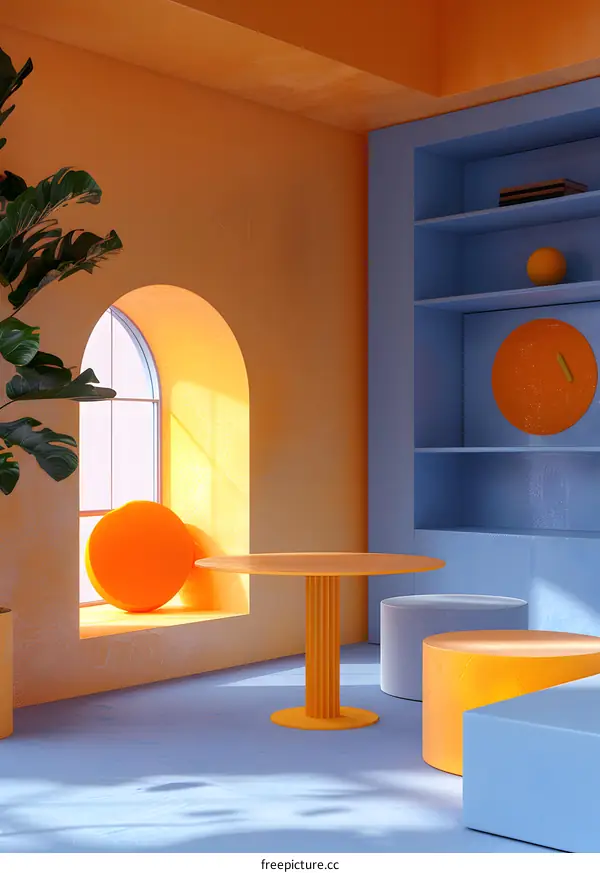 A table and some chairs in a room with orange and blue walls