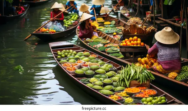Southeast Asian women selling fruits and vegetables in a floating market