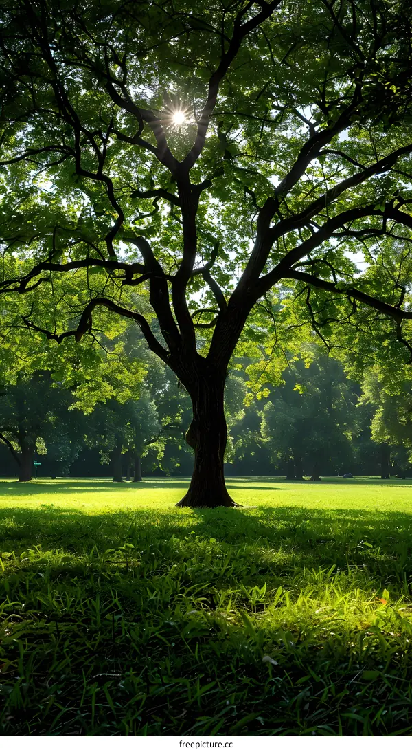 Sunlight Through Trees in Green Field