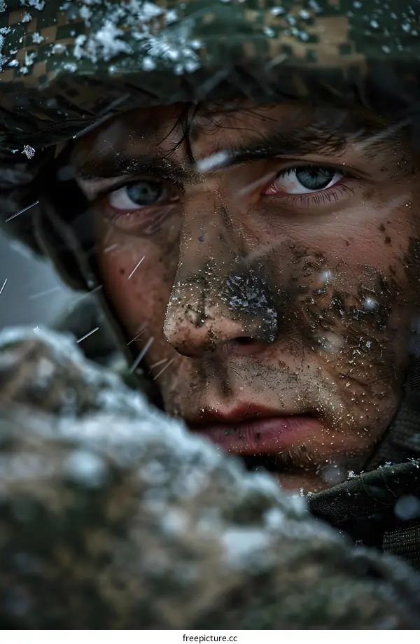 Portrait of a soldier with snow on his face