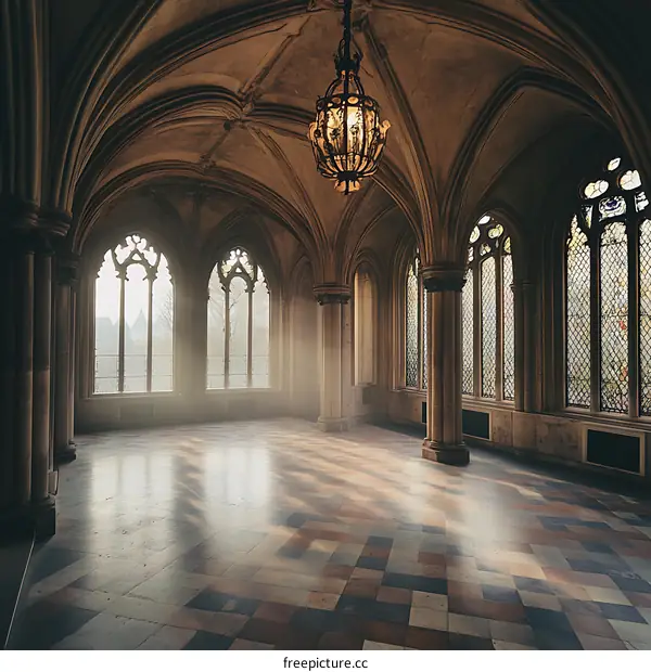 Sunlight Streaming Through Gothic Windows in a Historic Building