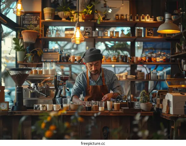 Asian barista making coffee in a cafe