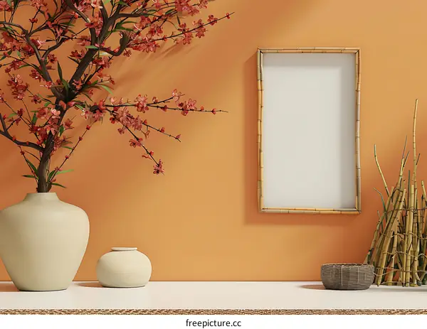 Minimalist Interior Design with Cherry Blossom Branch and Bamboo