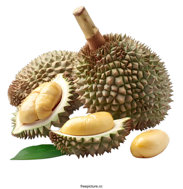 [Transparent Background PNG]Durian Fruit and Pulp Isolated on White Background