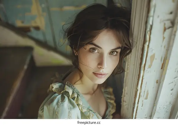 Portrait of a young woman with freckles and green eyes