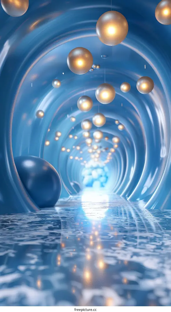 Blue tunnel with blue and silver spheres