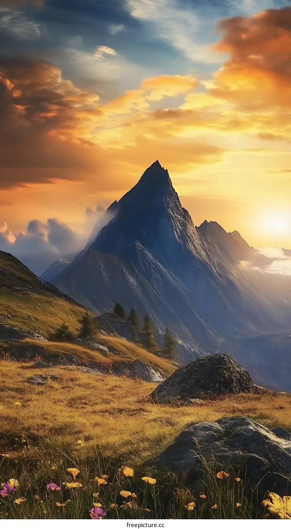 Mountain Peak at Sunset with Dramatic Clouds