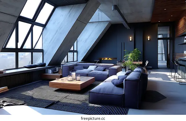 Modern Loft Living Room Design with Large Windows