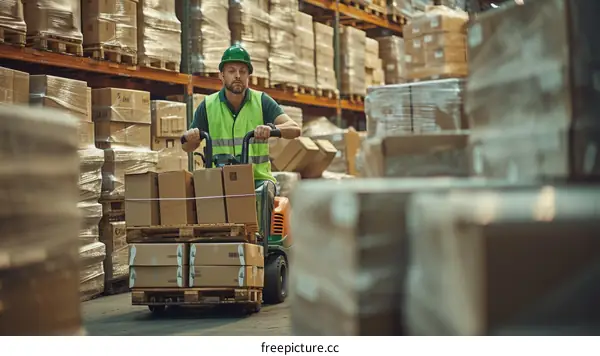 A warehouse worker drives a forklift through a warehouse aisle