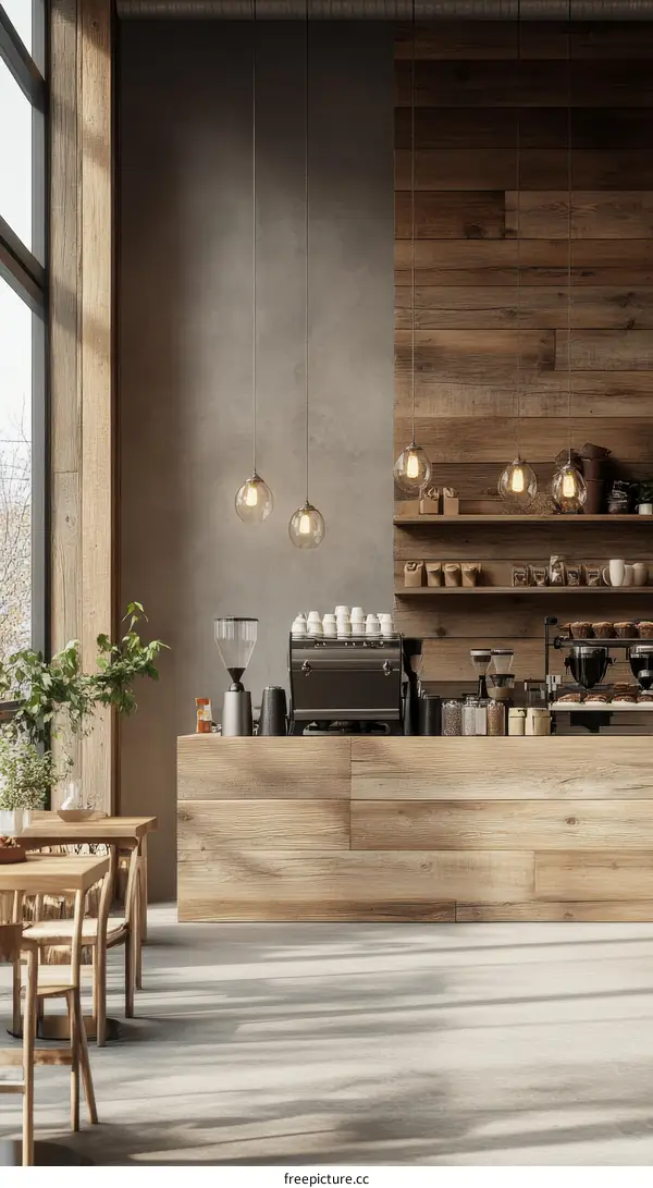 Modern Cafe Interior Design with Warm Wooden Accents