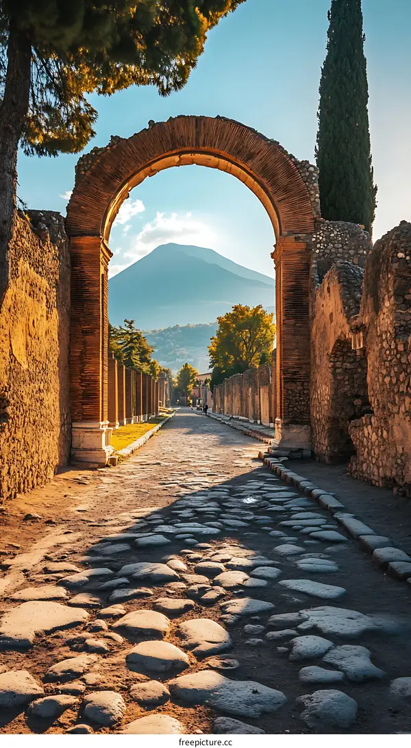 Ancient Roman Ruins with Archway and Cobblestone Street