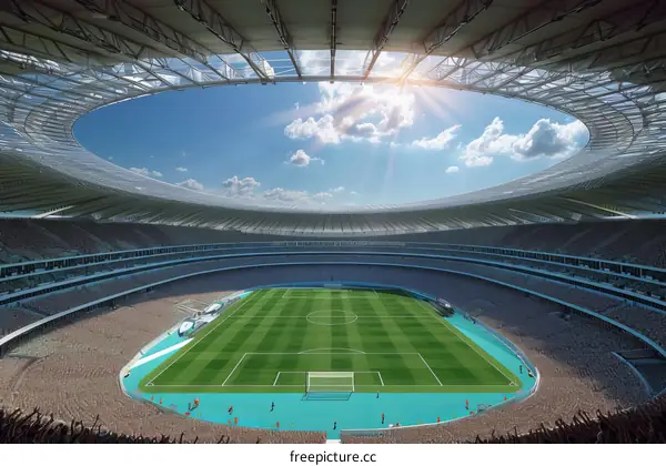 A large stadium filled with cheering crowd during a soccer match