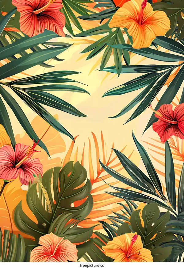 Tropical Floral Illustration with Green Leaves and Flowers