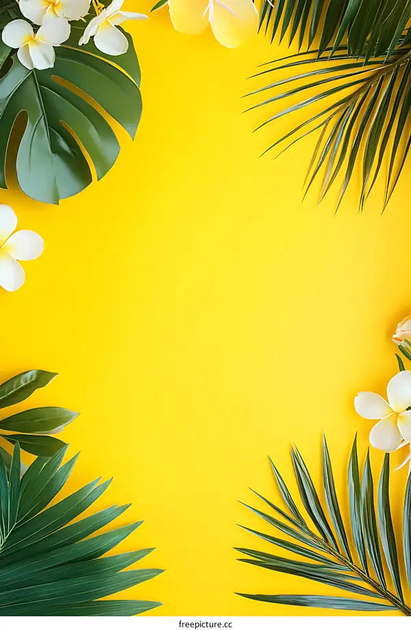 Tropical Leaves and Flowers on Yellow Background