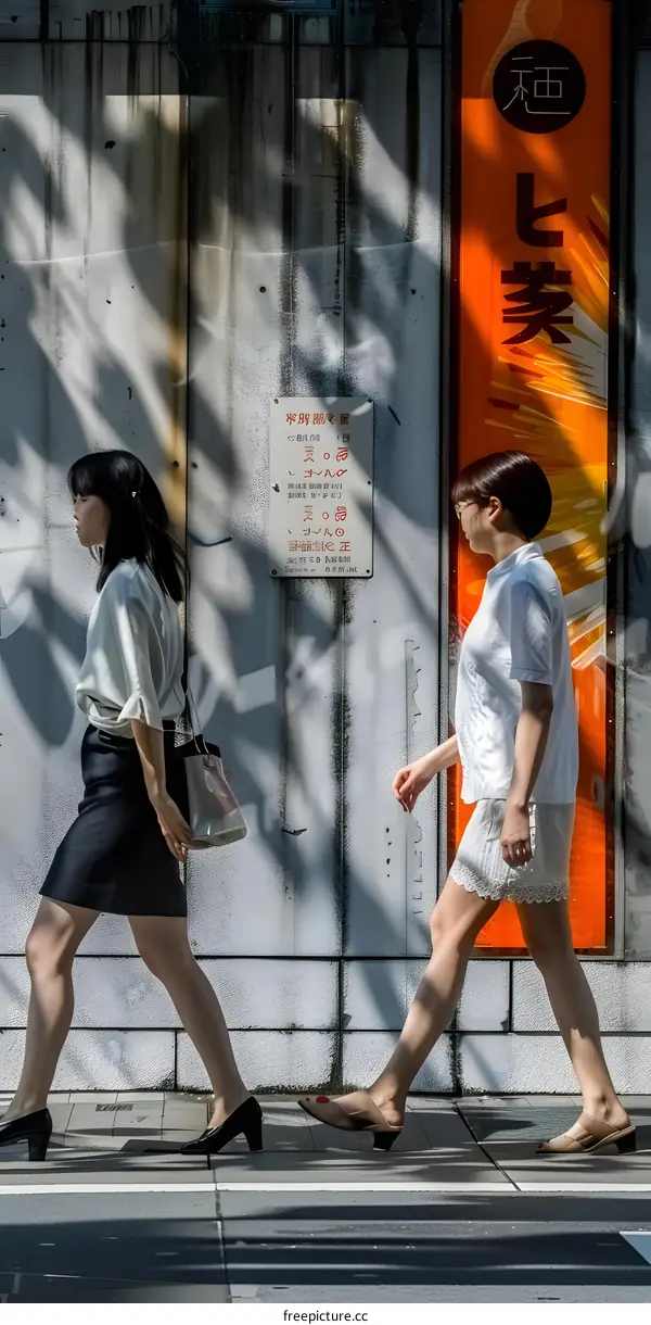 Two Asian Women Walking on a Street in Japan