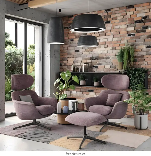Modern Living Room Interior Design with Brick Wall and Pendant Lamps