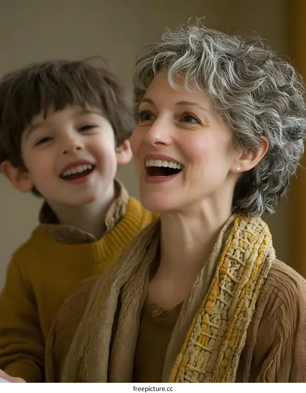 Happy Caucasian Mother and Son Smiling Together