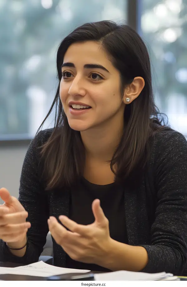 Young Woman Gesturing During Conversation