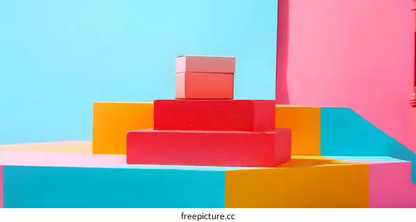 Colorful Geometric Shapes and a Box on a Platform