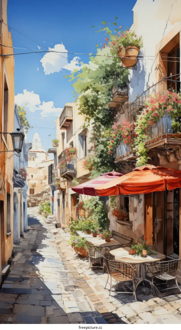 A narrow street with a restaurant and flowers