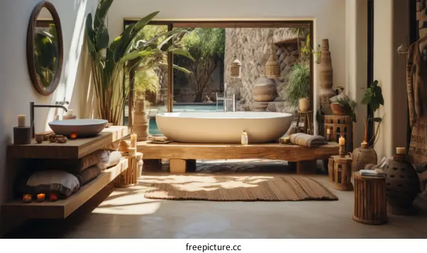 Bathroom with a view of the pool