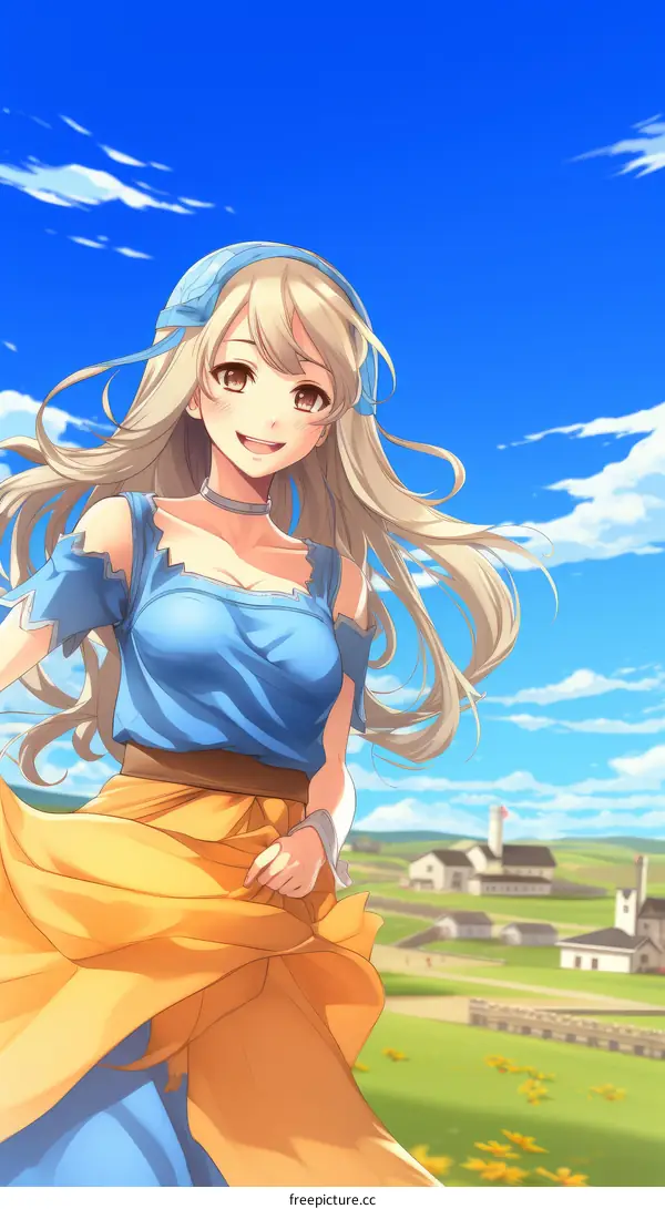 A cheerful blonde girl wearing a blue top and yellow skirt runs through a grassy field on a sunny day with a village in the distance