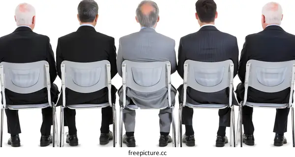Five Businessmen Sitting in Chairs Back to Back