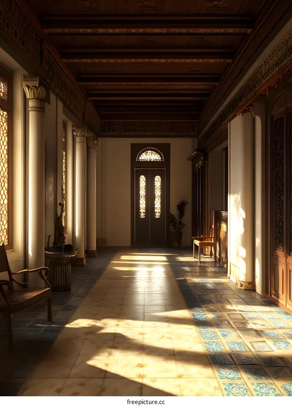 Sunbeams Shining Through Archway In Ornate Hallway