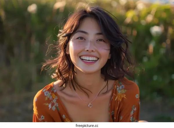 Portrait of a smiling young Asian woman with freckles