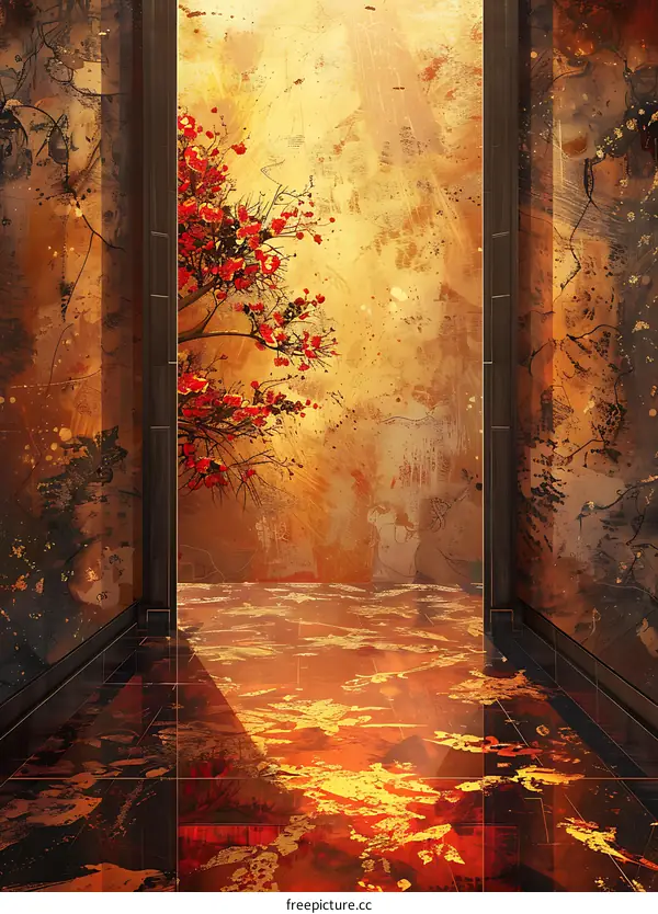 Golden Japanese-style mural corridor