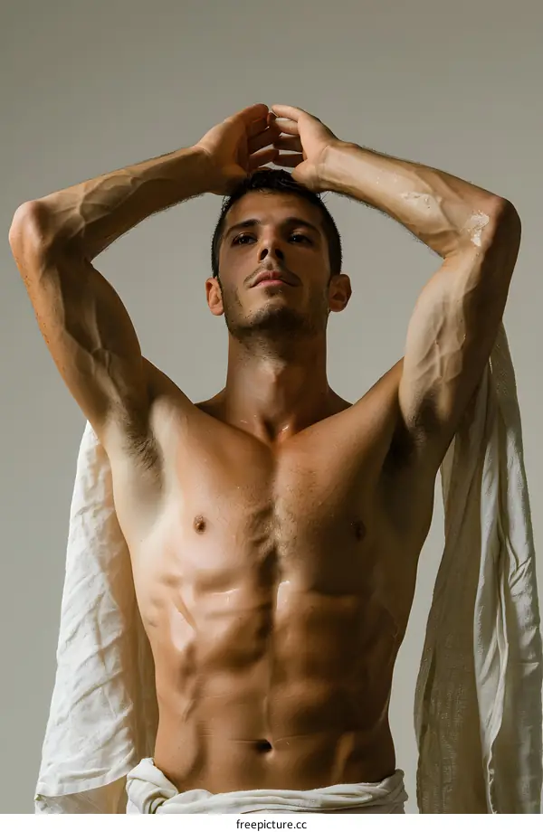 Man with Muscular Body in a White Cloth