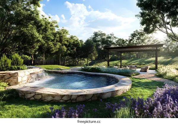 Modern Backyard Pool Design With Waterfall and Pergola