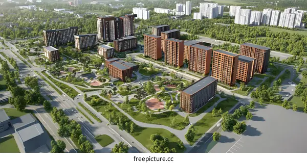Aerial View of Modern Apartment Buildings with Green Spaces and Roads
