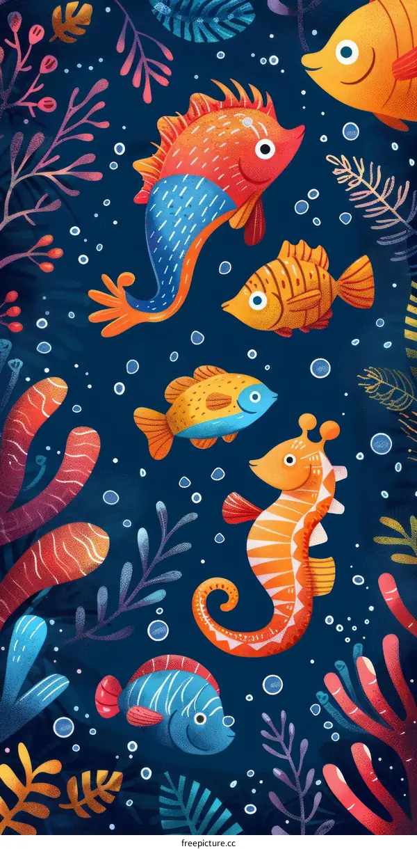 Underwater illustration with various kinds of fish and plants