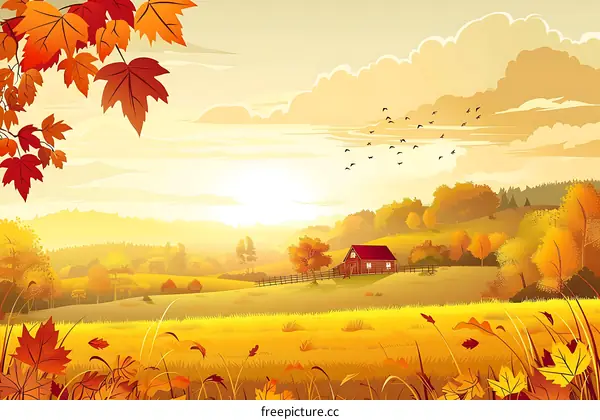 Autumn Landscape with a Cabin and Birds Flying Over