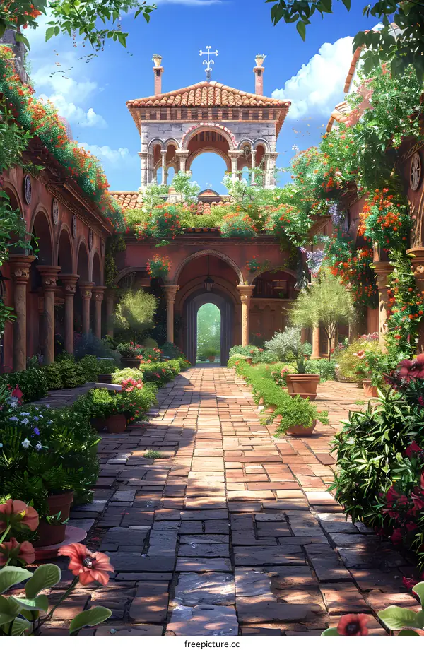 Italian Courtyard with Cobblestone Pathway and Lush Greenery