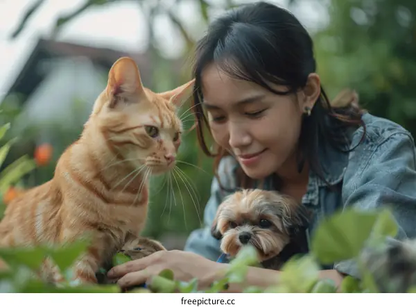 A young woman is sitting on the grass with a cat and a dog.