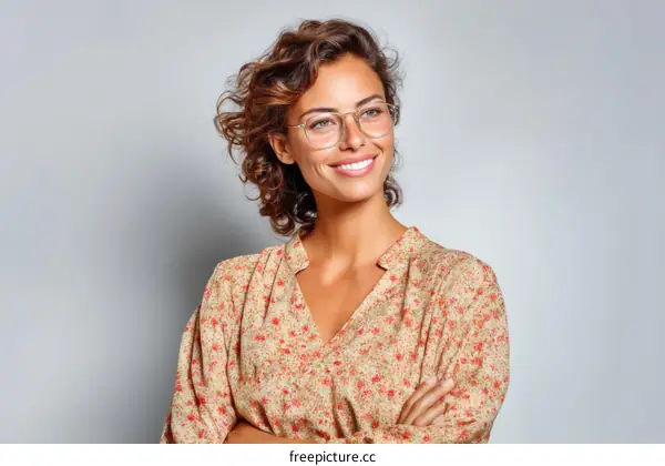 Smiling Woman in Floral Print Blouse