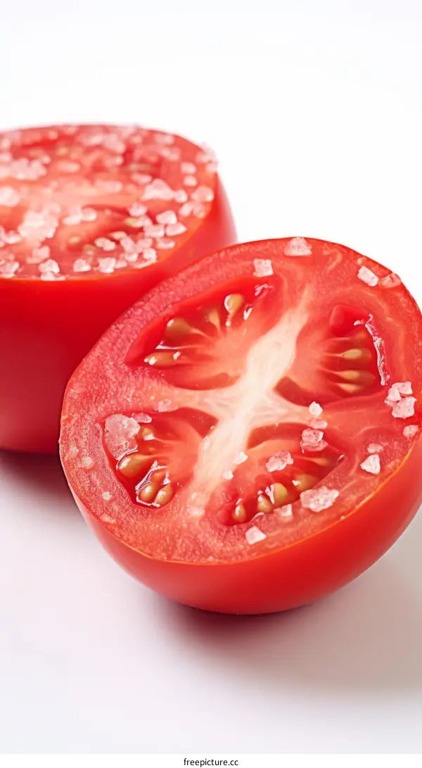 Two halves of a tomato sprinkled with salt