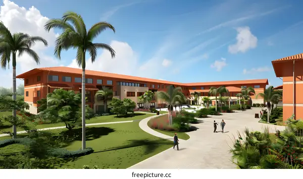 Tropical Resort Complex with Palm Trees and Walking Path