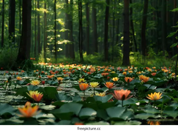 Orange and yellow water lilies in a pond surrounded by a lush green forest