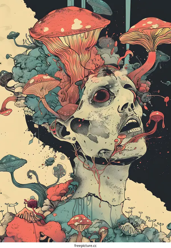 Abstract Art Illustration of a Woman with Mushrooms