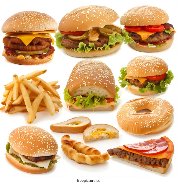 Assortment of Delicious Fast Food Burgers and Fries